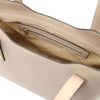 Internal Zip Pocket View Of The Light Taupe Genuine Leather Tote Handbag