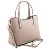 Angled and Shoulder Strap View Of The Light Taupe Genuine Leather Tote Handbag