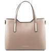 Front View Of The Light Taupe Genuine Leather Tote Handbag