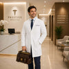 Male doctor in a white coat holding a Tuscany Leather Doctors Bag in a modern medical office.