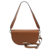 Front And Shoulder Strap View Of The Cognac Half Moon Bag