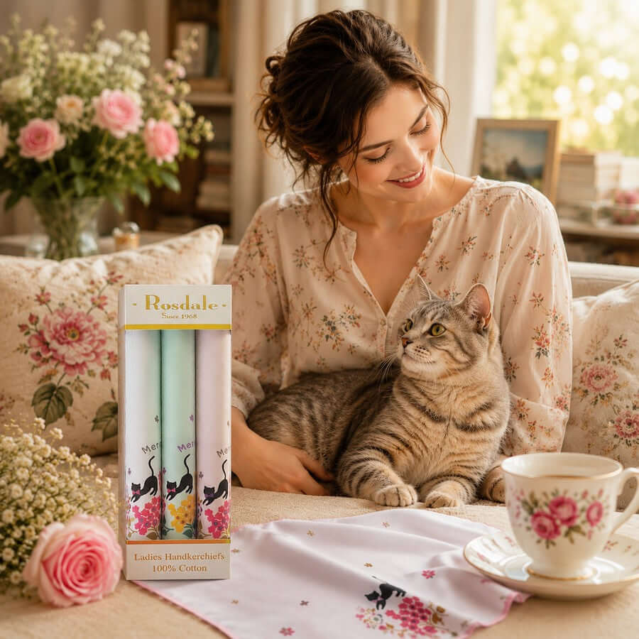 Woman with a cat beside women’s cotton cat and flower handkerchiefs