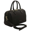 Angled And Shoulder Strap View Of The Black Italian Leather Bowler Bag That Makes Up The Black Italian Leather Bag and Wallet Set