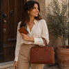 Woman Outside With The Brown Italian Leather Bag and Wallet Set