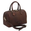 Angled And Shoulder Strap View Of The Dark Brown Italian Leather Bowler Bag That Makes Up The Dark Brown Italian Leather Bag and Wallet Set