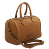 Angled And Shoulder Strap View Of The Natural Italian Leather Bowler Bag That Makes Up The Natural Italian Leather Bag and Wallet Set
