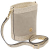 Angled And Shoulder Strap View Of The Beige Italian Leather Crossbody Bag