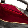 Interior view of the Italian Leather Duffle Bag showing red lining and zippered compartment.
