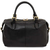 A rear view of the Black pebbled Italian leather duffle bag with gold-tone hardware, featuring dual top handles, a zippered top closure, and a detachable shoulder strap