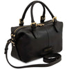 A Black pebbled Italian leather duffle bag with gold-tone hardware, dual top handles, a zip-top closure, and a detachable shoulder strap