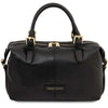 A front view of the black pebbled Italian leather duffle bag with gold-tone hardware, dual top handles, and a front zip closure