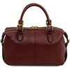 A rear view of the Bordeaux pebbled Italian leather duffle bag with gold-tone hardware, featuring dual top handles, a zippered top closure, and a detachable shoulder strap