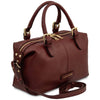 A Bordeaux pebbled Italian leather duffle bag with gold-tone hardware, dual top handles, a zip-top closure, and a detachable shoulder strap