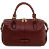 A front view of the bordeaux pebbled Italian leather duffle bag with gold-tone hardware, dual top handles, and a front zip closure