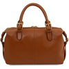 A rear view of the Cognac pebbled Italian leather duffle bag with gold-tone hardware, featuring dual top handles, a zippered top closure, and a detachable shoulder strap