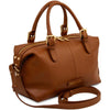 A Cognac pebbled Italian leather duffle bag with gold-tone hardware, dual top handles, a zip-top closure, and a detachable shoulder strap