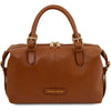 A front view of the Cognac pebbled Italian leather duffle bag with gold-tone hardware, dual top handles, and a front zip closure