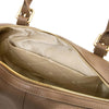 Close-up of the interior of a Dark Taupe Italian leather duffle bag, showing a beige patterned lining, open pocket and gold-tone hardware.