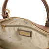 Close-up of a Dark Taupe  Italian leather duffle bag interior with gold-tone hardware and zip closure