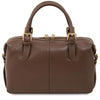 A rear view of the Dark Taupe pebbled Italian leather duffle bag with gold-tone hardware, featuring dual top handles, a zippered top closure, and a detachable shoulder strap