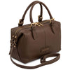 A Dark Taupe pebbled Italian leather duffle bag with gold-tone hardware, dual top handles, a zip-top closure, and a detachable shoulder strap