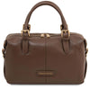 A front view of the Dark Taupe pebbled Italian leather duffle bag with gold-tone hardware, dual top handles, and a front zip closure