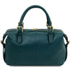 A rear view of the Teal pebbled Italian leather duffle bag with gold-tone hardware, featuring dual top handles, a zippered top closure, and a detachable shoulder strap