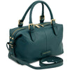 A Teal pebbled Italian leather duffle bag with gold-tone hardware, dual top handles, a zip-top closure, and a detachable shoulder strap
