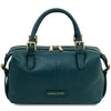 A front view of the Teal pebbled Italian leather duffle bag with gold-tone hardware, dual top handles, and a front zip closure