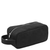 Angled View Of The Black Italian Leather Toiletry Bag