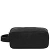 Front View Of The Black Italian Leather Toiletry Bag