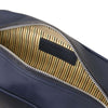 Internal Compartment View Of The Dark Blue Italian Leather Toiletry Bag