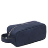 Angled View Of The Dark Blue Italian Leather Toiletry Bag