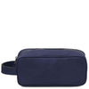 Front View Of The Dark Blue Italian Leather Toiletry Bag