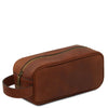 Angled View Of The Brown Italian Leather Toiletry Bag