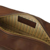Internal Compartment View Of The Dark Brown Italian Leather Toiletry Bag
