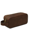 Angled View Of The Dark Brown Italian Leather Toiletry Bag