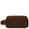 Front View Of The Dark Brown Italian Leather Toiletry Bag