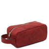 Angled View Of The Red Italian Leather Toiletry Bag