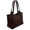 Angled View Of The Dark Brown Italian Leather Tote Bag