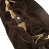 Magnetic Button Closure Side And Detachable Handle View Of The Chocolate Italian Suede Drawstring Shoulder Bag