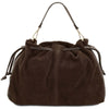 Rear View Of The Chocolate Italian Suede Drawstring Shoulder Bag