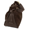 Side And Detachable Handle View Of The Chocolate Italian Suede Drawstring Shoulder Bag