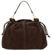 Front View Of The Chocolate Italian Suede Drawstring Shoulder Bag
