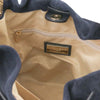Internal Zip Pocket View Of The Dark Blue Italian Suede Drawstring Shoulder Bag