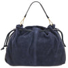 Rear View Of The Dark Blue Italian Suede Drawstring Shoulder Bag