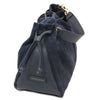 Side And Detachable Handle View Of The Dark Blue Italian Suede Drawstring Shoulder Bag