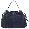 Front View Of The Dark Blue Italian Suede Drawstring Shoulder Bag