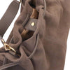 Magnetic Button Closure Side And Detachable Handle View Of The Dark Taupe Italian Suede Drawstring Shoulder Bag