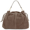 Rear View Of The Dark Taupe Italian Suede Drawstring Shoulder Bag